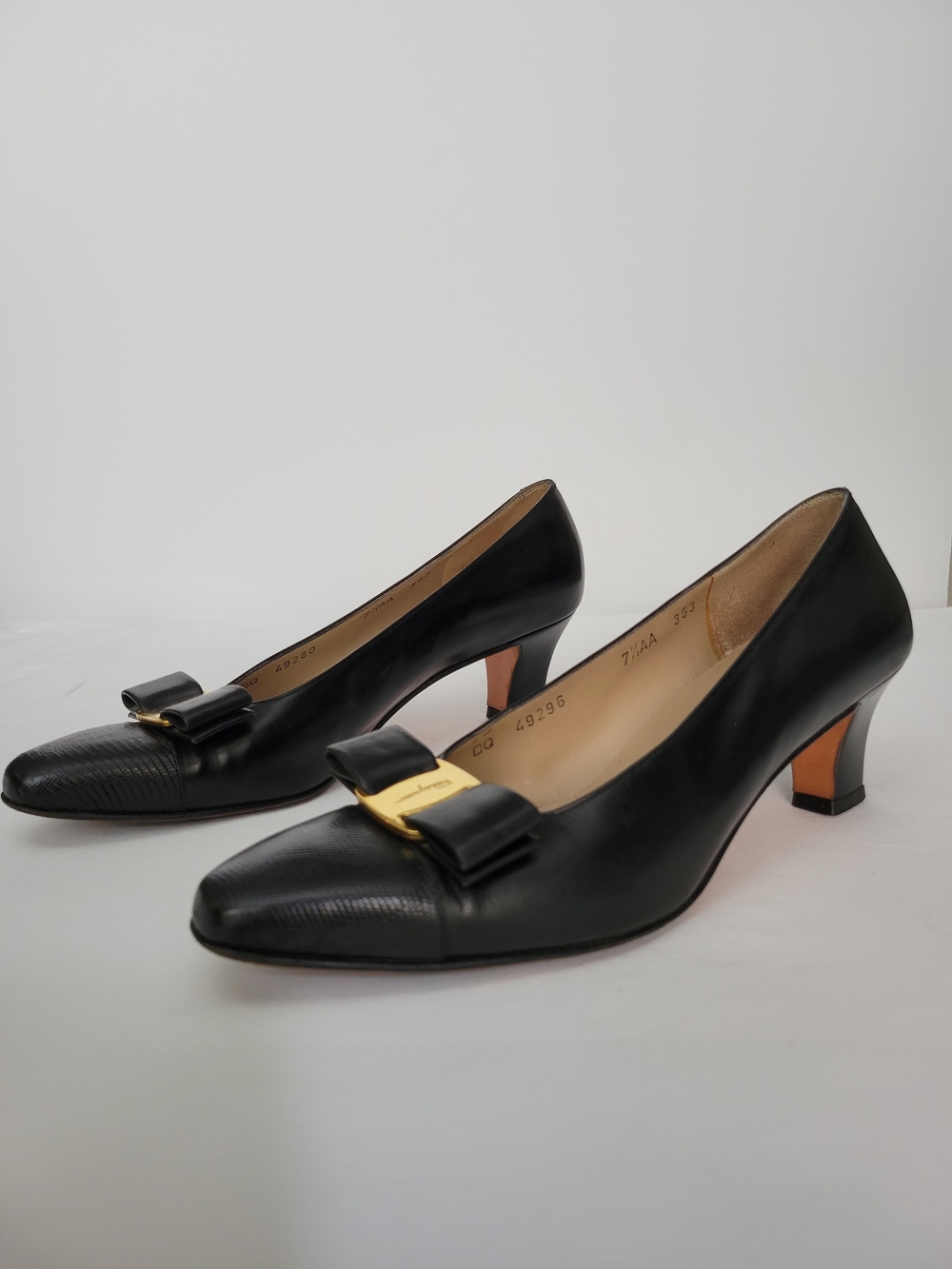 Ferragamo Black Leather Mid-Heel Pumps with Bow Accent